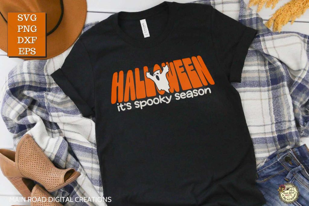 Halloween SVG, It's Spooky Season SVG shown on a black shirt for Halloween